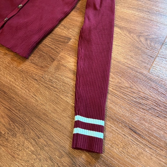 ANTHRO MAEVE Plunging Long-Sleeve Polo Cardigan Burgundy Baby Blue Ribbed Small - Picture 13 of 17